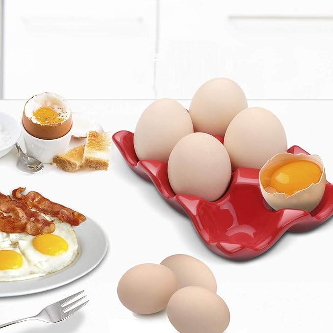 Flexzion Ceramic Egg Tray - 6 Egg Capacity Half Dozen Holder, Red Decorative Serving Dish and Storage Organizer, 2 Pack