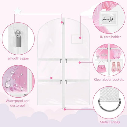 Garment Bags for Dance Costumes - 40 Inch Clear PVC with 5 Zipper Pockets (3 Pack, White) - Kids Dance Garment Bag for Dancers, Hanging Clothes Storage, Competitions & Travel (‎Clear White)