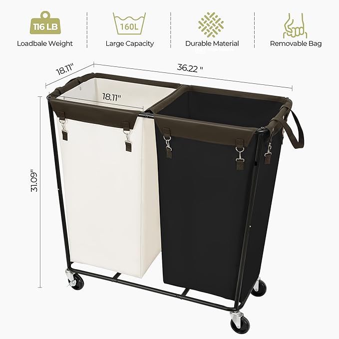 390L Laundry Hamper Sorter Extra Large, Heavy-Duty Laundry Basket with Wheels, Rolling Cart with Removable Bags, Laundry Cart for Hotel and Home, Multi-Color, 2-Section