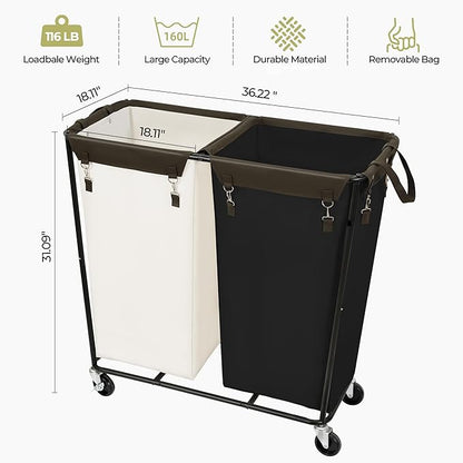 390L Laundry Hamper Sorter Extra Large, Heavy-Duty Laundry Basket with Wheels, Rolling Cart with Removable Bags, Laundry Cart for Hotel and Home, Multi-Color, 2-Section