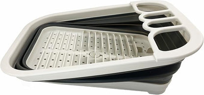 SAMMART Collapsible Dish Drainer with Drainer Board - Foldable Drying Rack Set - Portable Dinnerware Organizer - Space Saving Kitchen Storage Tray (2, Grey/Washed Black)