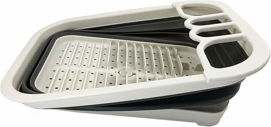 SAMMART Collapsible Dish Drainer with Drainer Board - Foldable Drying Rack Set - Portable Dinnerware Organizer - Space Saving Kitchen Storage Tray (2, Grey/Washed Black)