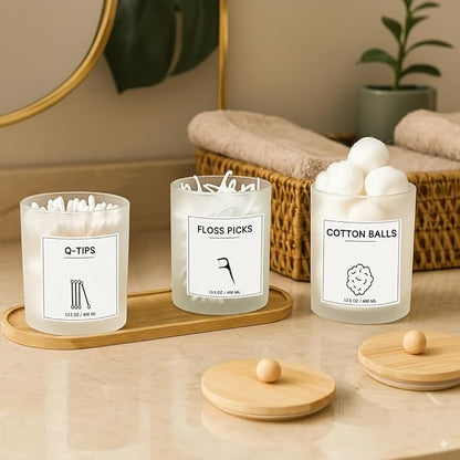 GYOSUGANG 3 PCS Qtip Holder for Bathroom, Cotton Ball Holder, with Tray, Bathroom Organizers and Storage, Bathroom Jars for Floss Picks, Cotton Swabs, Balls, Pads (Frosted)