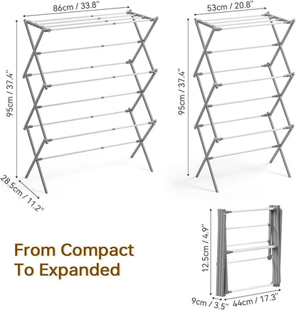 KINGBOARD Clothes Drying Rack, Collapsible Drying Rack Clothing with 11 Poles, 3-Tier Laundry Drying Rack, Small Clothes Drying Rack Foldable for Baby Clothes Sock Towel, 25lb Capacity, White & Grey
