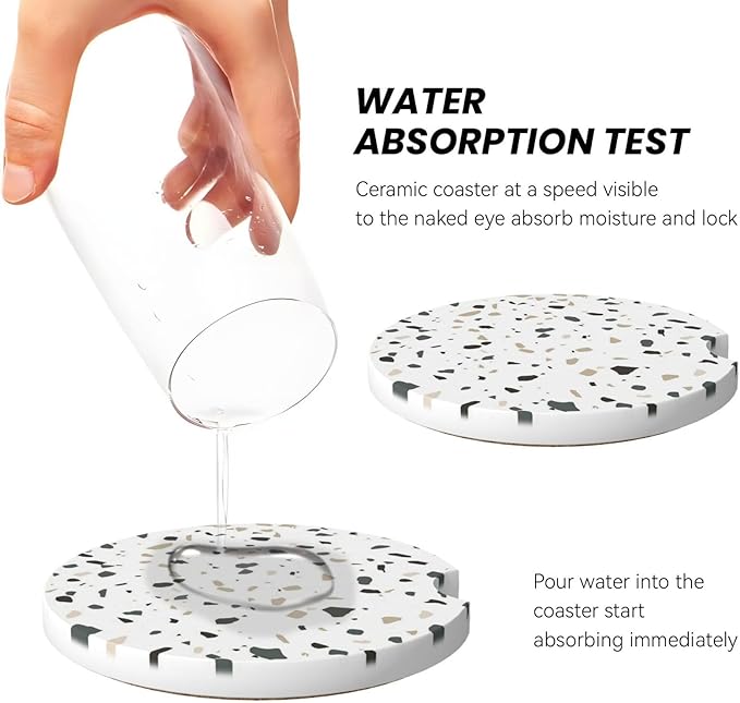 Terrazzo Marble Car Cup Holder Coaster 2 Pack Absorbent Ceramic Car Coasters for Cup Holders Car Accessories Interior for Women Men Universal Anti Slip Cork Base Cup Coasters with Finger Notch