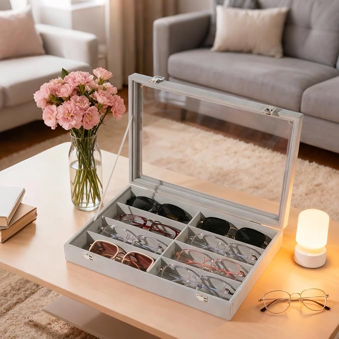 XHMQYC Glasses Holder Box Drawer Sunglass Organizer for Men Clear Wide Storage Case 8 Slots Multiple Reading Glasses Display, Gray Velvet With Clear Glass Lid