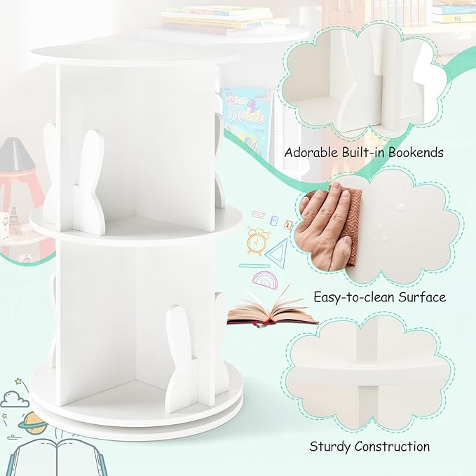 Costzon Kids Rotating Bookshelf, 2 Tier Small Book Shelf with Bookends, 360° Display Spinning Bookshelf Tower, Corner Bookshelf for Small Space, Kids Room, Bedroom, Nursery (White)