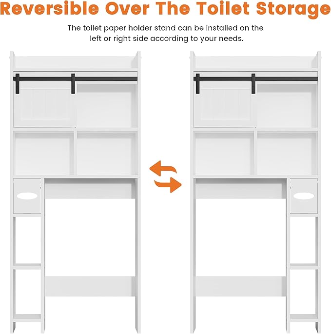 Semoic Over The Toilet Storage Cabinet, Over The Toilet Shelf with Sliding Door & Toilet Paper Holder Stand, Bathroom Above Toilet Storage, Home Space-Saving Toilet Rack for Bathroom, Restroom,White