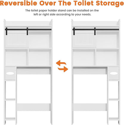 Semoic Over The Toilet Storage Cabinet, Over The Toilet Shelf with Sliding Door & Toilet Paper Holder Stand, Bathroom Above Toilet Storage, Home Space-Saving Toilet Rack for Bathroom, Restroom,White