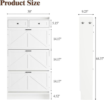 Shoe Cabinet with 3 Flip Drawers & 2 Storage Drawers, Rustic Farmhouse Narrow Shoe Organizer Cabinet, Slim Shoe Rack Cabinet, Shoe Storage Cabinet for Entryway, Hallway, Front Door