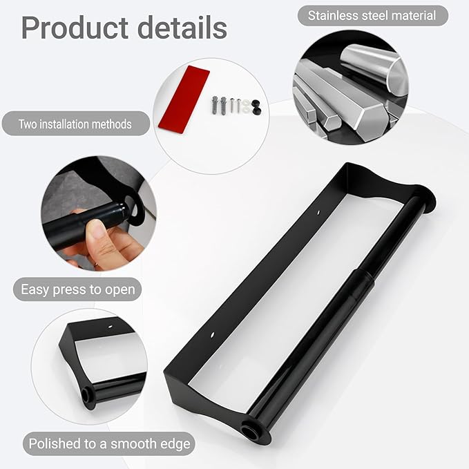Black Paper Towel Holder Under Cabinet,Wall Mount Self Adhesive Paper Towel Rack for Kitchen,Stainless Steel hanging Paper Towel Rolls Holder,No more worrying about the paper roll falling off