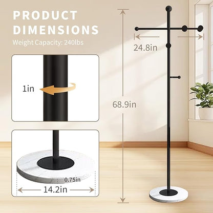 Modern Metal Coat Rack Stand, Heavy Duty T-shaped Coat Rack Freestanding with Natural Marble Base, 8 Hooks, Ideal for Bedroom, Entryway, Hallway, Office, Gifts for Women, for Mom, for Men (Black)