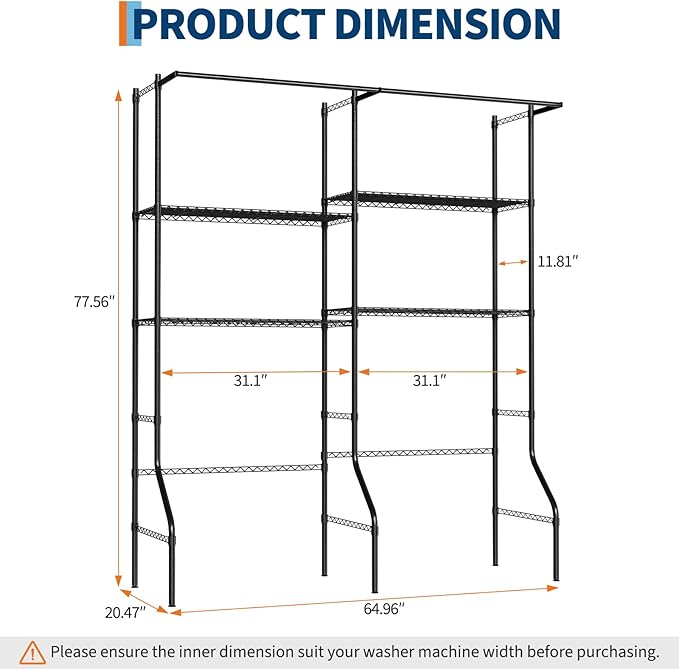 GarveeHome Over Washer and Dryer Storage Shelves, 4 Tiers Above Washer Dryer Storage Rack for Laundry Room Organization, Adjustable Height Clothes Drying Rack with Hanger Rod & Hook, Black