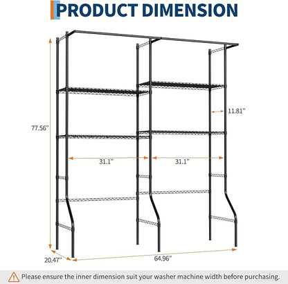 GarveeHome Over Washer and Dryer Storage Shelves, 4 Tiers Above Washer Dryer Storage Rack for Laundry Room Organization, Adjustable Height Clothes Drying Rack with Hanger Rod & Hook, Black