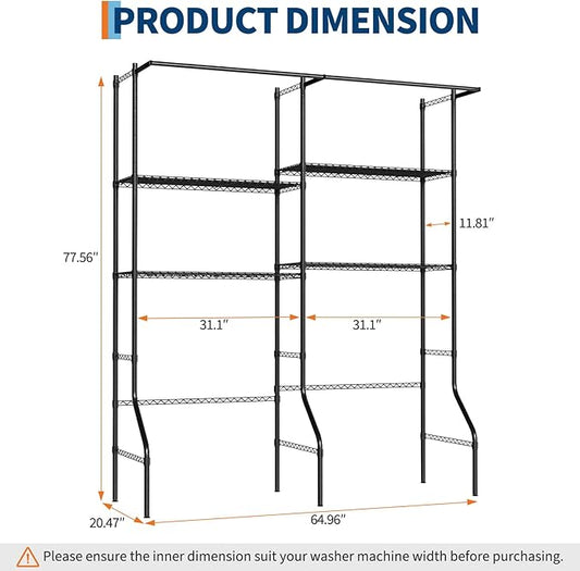 GarveeHome Over Washer and Dryer Storage Shelves, 4 Tiers Above Washer Dryer Storage Rack for Laundry Room Organization, Adjustable Height Clothes Drying Rack with Hanger Rod & Hook, Black