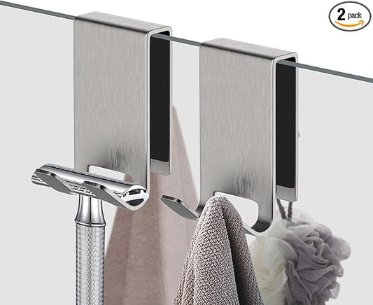 KITHOLD Shower Door Hook, Double-Sided Hook for Frameless Shower Doors (3.14 Inch), Heavy-Duty Stainless Steel Hook for Bathrobes and Towels, No Drilling or Adhesive Required, 2-Pack, Silver