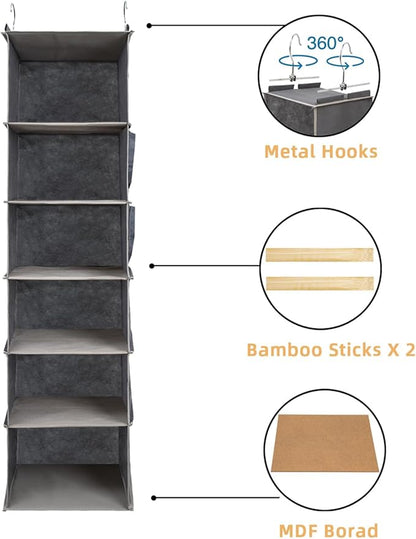 6-Shelf Hanging Closet Organizer and Storage, Collapsible Hanging Shelves for Closet with 2 Side Pockets, Hanging Shoe Organizer to Saving Space,Grey