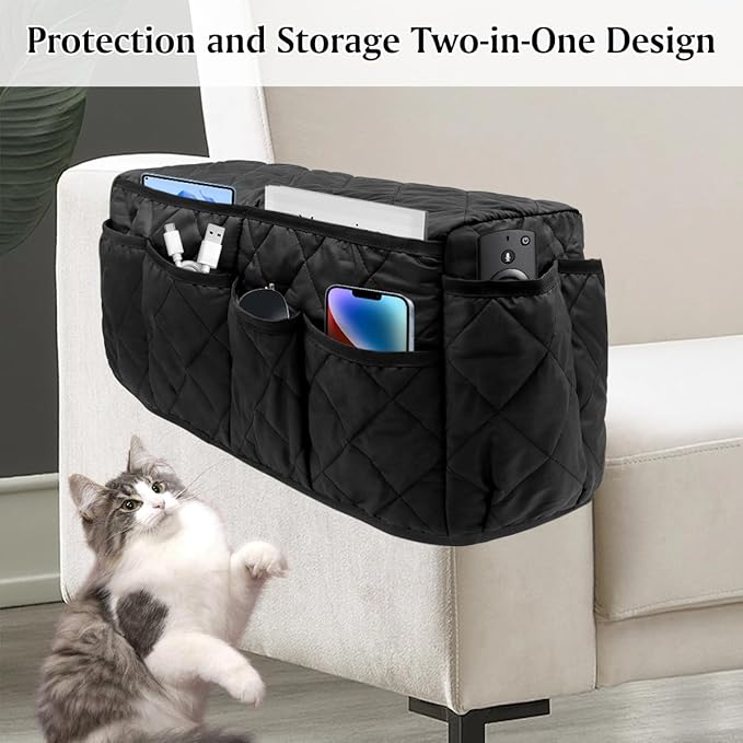 HADEEONG Remote Control Holder, Non Slip Bedside Armchair Caddy, Recliner Arm Caddy Armrest Organizer with 14 Pockets for Cell Phone TV Remote Control Magazines, Black