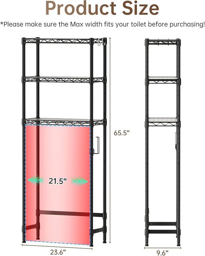 Golpart 3-Tier Over The Toilet Storage Shelf,Heavy Duty Adjustable Metal Bathroom Rack with Toilet Paper Holder & Hooks,Space-Saving Organizer for Bathroom,10”D x 24”W x 66”H,Black