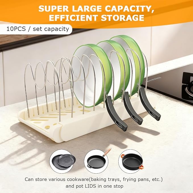 DiQiRenQin Pot and Pan Organizer, Expandable Pan Organizer for Cabinet, Pot Lid Holder with 10 Adjustable Compartments for Kitchen Cabinet Cookware Baking Frying Rack(White)