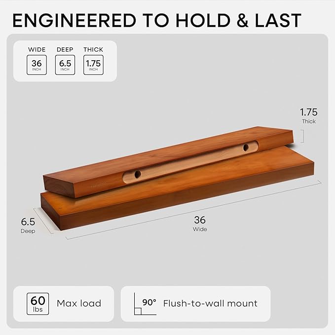 Homeforia Oak Floating Shelves 36 inches Long, High End Solid Real Wood 36 inch Floating Shelf for Room Wall, Honey Oak Wooden 36inch Kitchen Shelves, Heavy Duty Bracket, 36 X 6.5 X 1.75 in, Set of 3