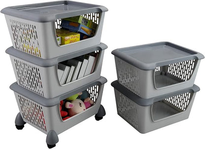 Cand 5-Pack Large Stackable Storage Bins, Plastic Stacking Baskets for Fruit, Vegeable, Snacks, Grey