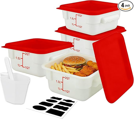 WELKOR Square Food Containers with Lids 4-Pack, Commercial Grade Airtight Plastic Bins for Restaurant Kitchen Pantry Storage, Freezer & Dishwasher Safe (Red, 2QT-4PACK)