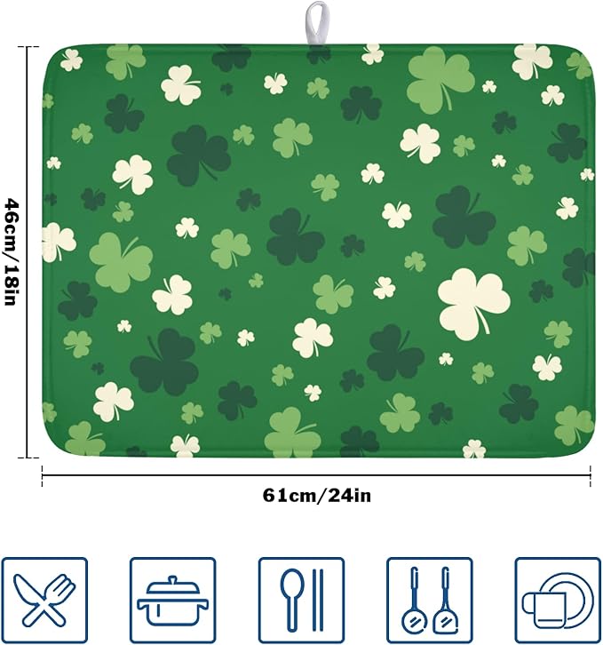 Wnoesat Green Shamrock St. Patrick's Day Dish Drying Mat for Kitchen Counter Lucky Clover large Dish Drying Pad Absorbent Reversible Microfiber Draining Pad Washable Drying Mats 18x24 Inch
