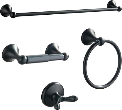 BGL Bathroom Accessory Set, Matte Black Adjustable Expandable Towel Bar 4-Piece Bathroom Hardware Set Wall Mounted Robe Hook Toilet Paper Holder Towel Ring Towel Bar