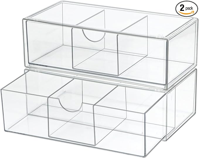 Set of 2 Stackable Storage Drawers - 7.8" Clear Plastic Drawer Storage, Acrylic Makeup Organizer, Desk Counter Cabinet Office Organizer, Bathroom Organizers and Storage (3 Grid/Set of 2)