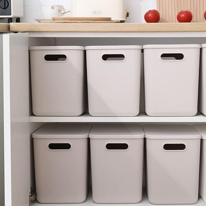 Plastic Storage Baskets With Lid Organizing Container Lidded Knit Storage Organizer Bins for Shelves Drawers Desktop Closet Playroom Classroom Office (4L, Light grey)