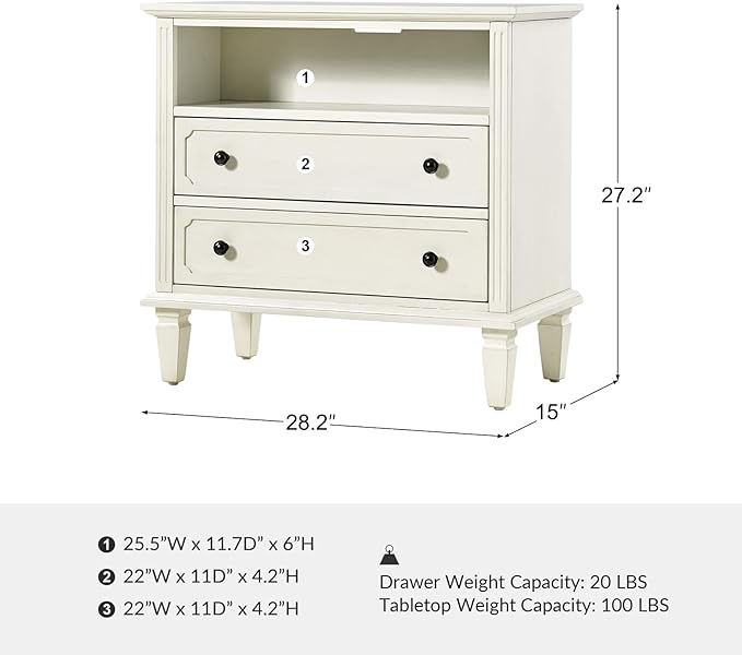 HULALA HOME Farmhouse End Table with Charging Station Set of 2, End Table with USB Ports & Outlets, Fluted Pilasters Design Side Table with Open Space and 2 Drawers Dresser for Living Room, White