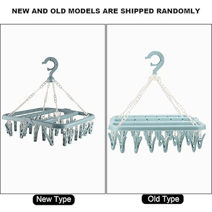 Clothes Hanger with 32 Clips, Foldable Clothes Peg Drying Rack for Socks, Underwear, Bras, Scarves (Blue)
