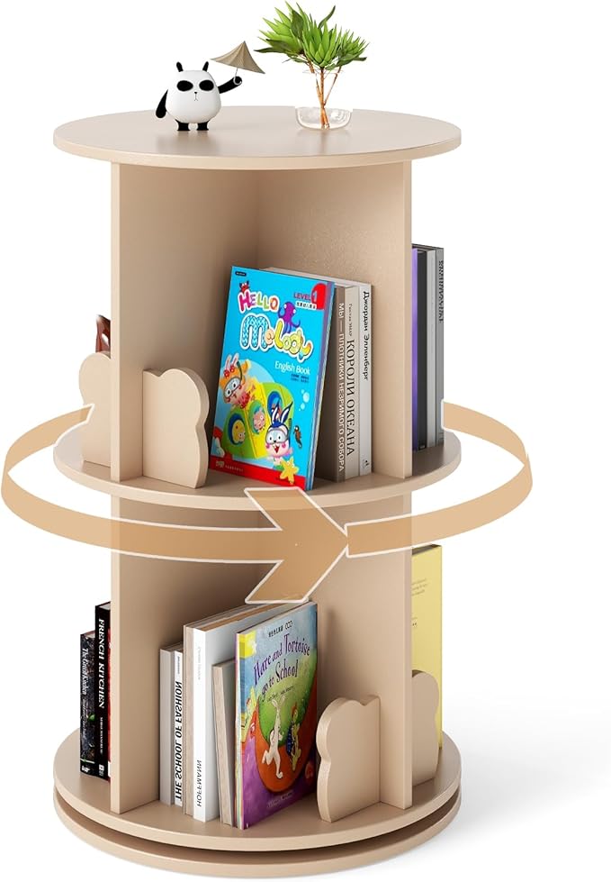 Costzon Kids Rotating Bookshelf, 2 Tier Small Book Shelf with Bookends, 360° Display Spinning Bookshelf Tower, Corner Bookshelf for Small Space, Kids Room, Bedroom, Nursery (Coffee)