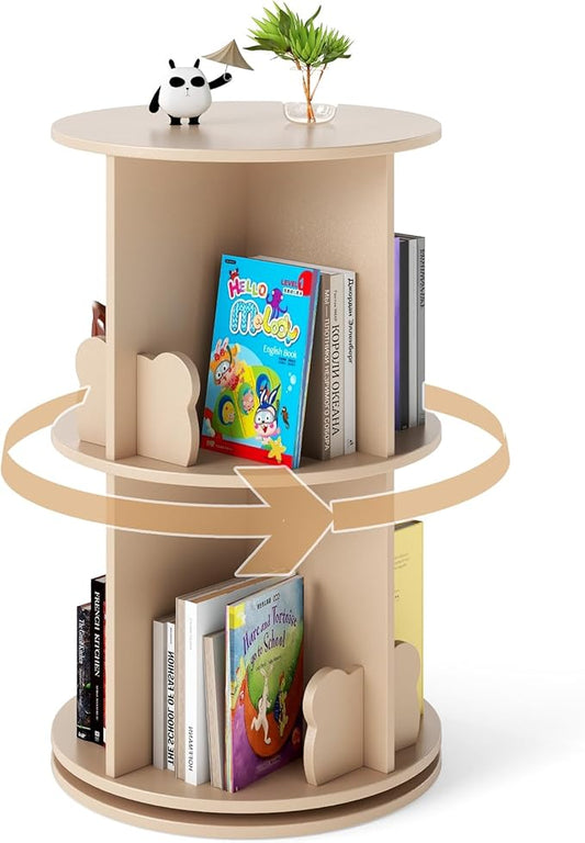 Costzon Kids Rotating Bookshelf, 2 Tier Small Book Shelf with Bookends, 360° Display Spinning Bookshelf Tower, Corner Bookshelf for Small Space, Kids Room, Bedroom, Nursery (Coffee)