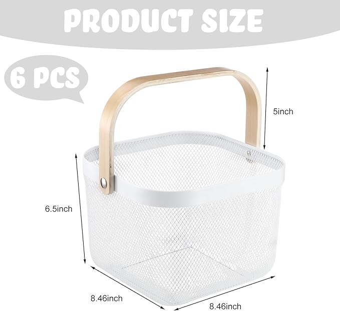 Roshtia 6 Pcs Metal Mesh Steel Basket with Handle, Rustic Square Wire Harvest, Shopping Baskets for Retail Store Garden Bathroom Kitchen(8.46 x 8.46 x 6.5 Inch,White)