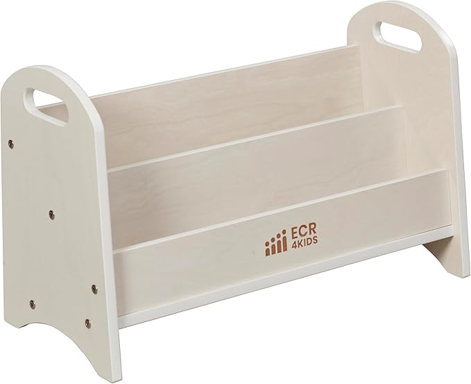 ECR4Kids 2-Shelf Tabletop Book Display with Handles, Beginner Bookshelf, White Wash
