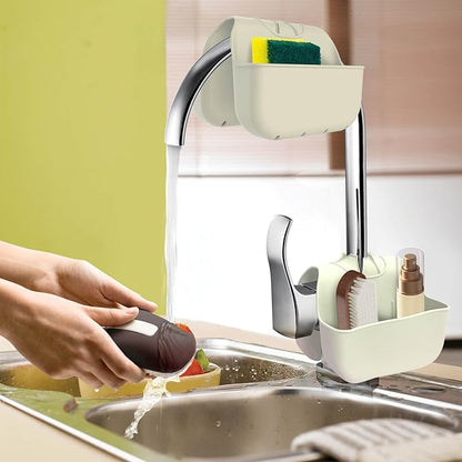 VPASION Sponge Holder for Kitchen Sink, Silicone Sink Saddle Caddy Organizer Rack, Sponges Holder Over Faucet, Hanging Kitchen Organizer Accessories Rack Basket Beige