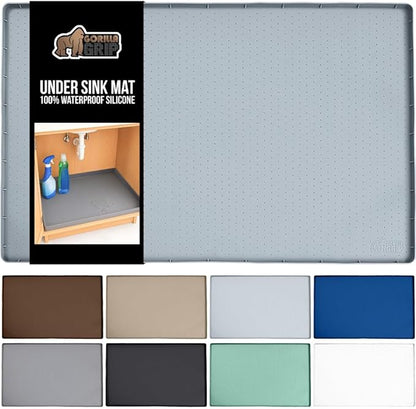 GORILLA GRIP Waterproof Silicone Under Sink Mat with Raised Lip for Kitchen and Bathroom, 46 x 22 in, Cabinet Shelf Liner Stay in Place Mats Dishwasher Safe Drawer Liner, Organizer Tray, Light Grey