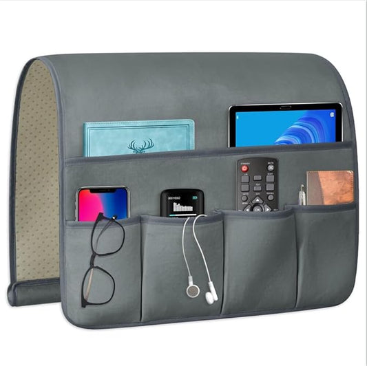 WETRBWEH TV Remote Control Holder Couch Caddy, Non-slip Bedside Caddy Organizer with 5 Pockets for Key Glasses Phone Magazine Holders (Gray, 35''x18'')