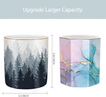 WAVEYU Pen Pencil Holder for Desk, Ceramic Pens Cup Cute Makeup Brushes Holder, Unique Desk Multifunctional Pen Organizer for Home, Office, and School, Forest Pattern
