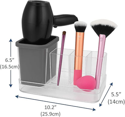 OnDisplay Hair Tool & Makeup Organizer with Silicone-Lined Compartment – Bathroom Counter Storage for Hair Dryer, Brushes, Sponges & Cosmetics – Clear Acrylic Vanity Holder with Removable Tray