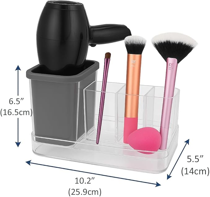 OnDisplay Hair Tool & Makeup Organizer with Silicone-Lined Compartment – Bathroom Counter Storage for Hair Dryer, Brushes, Sponges & Cosmetics – Clear Acrylic Vanity Holder with Removable Tray
