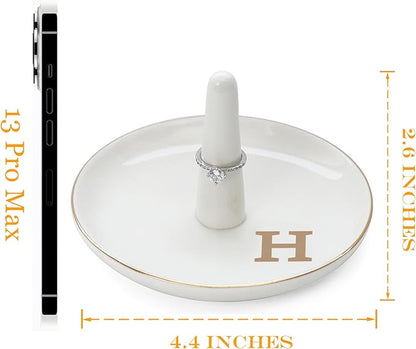 HOME SMILE Initials Ring Holder Jewery Tray with personalized H-Monogrammed Engagement Gifts for Friends,Birthday Mother's Day Christmas Gifts for Women,Ceramic White