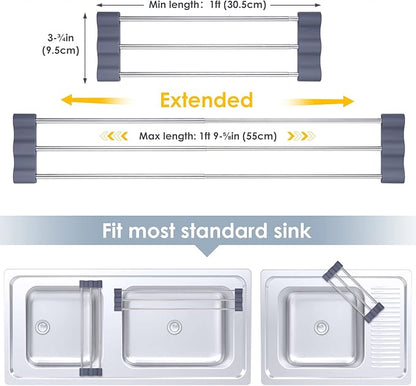 Tomorotec Adjustable Over-The-Sink Kitchen Rack for Dishcloths, Sponges, Bottles and Brushes - Heat-Resistant Stainless Steel with Slim, Expandable Design and Multifunctional Silicone Holder