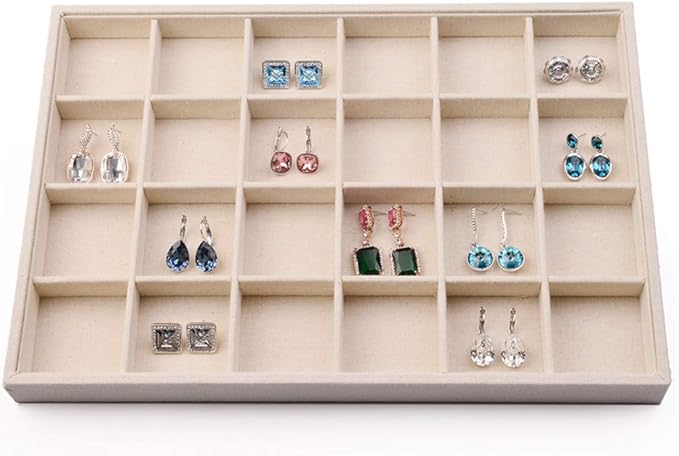 Oirlv Stackable Linen Jewelry Tray Adjustable 24 Grid Jewelry Storage Case for Drawer or Showcase