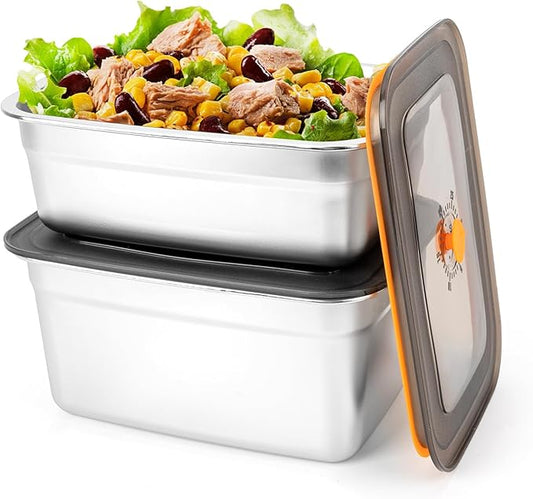 2 PCS Stainless Steel Food Storage Containers With Lids(94oz+67oz), Leak Proof & Airtight | Stainless steel freezer Containers,For Meal Prep,Fruit,Freezer
