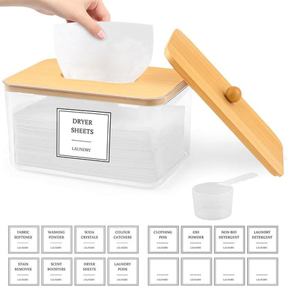 Dryer Sheet Holder - Clear Dryer Sheets Container with Bamboo Lid, 16 Labels and Scoops for Laundry Room Organization and Storage Dryer Sheet, Balls, Clothespins, Pods