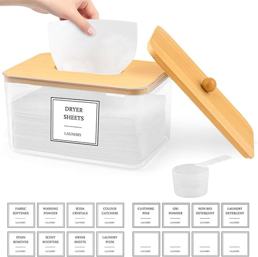Dryer Sheet Holder - Clear Dryer Sheets Container with Bamboo Lid, 16 Labels and Scoops for Laundry Room Organization and Storage Dryer Sheet, Balls, Clothespins, Pods