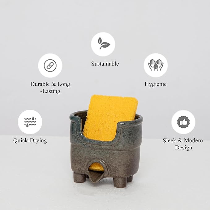 wowhalolo Ceramic Sponge Holder with Drainage, Farmhouse Sink Caddy Organizer, Self Draining Design for Sponges,Soap,Brushes, Compact Rustic Kitchen Accessory, Keeps Counter Dry（Country Blue）